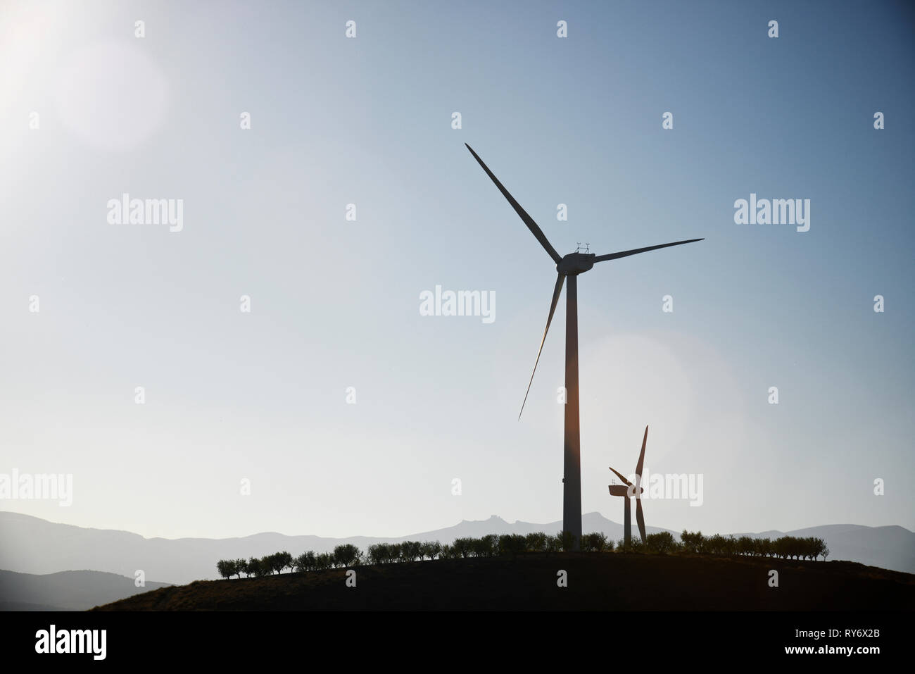 Molinos de viento en campo contra el cielo claro durante el día soleado Foto de stock