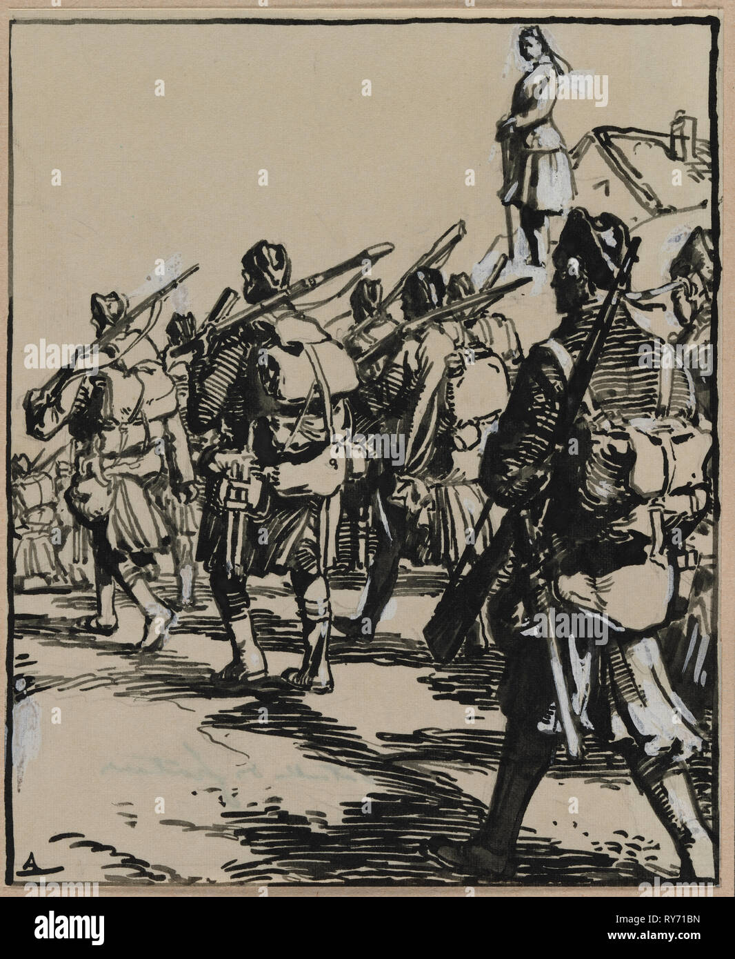 Bataille des frontières: Groupe des soldats el britanniques, 1914. Auguste Louis Lepère (Francés, 1849-1918). Pincel y tinta negra en lápiz con blancos fosforescentes Foto de stock
