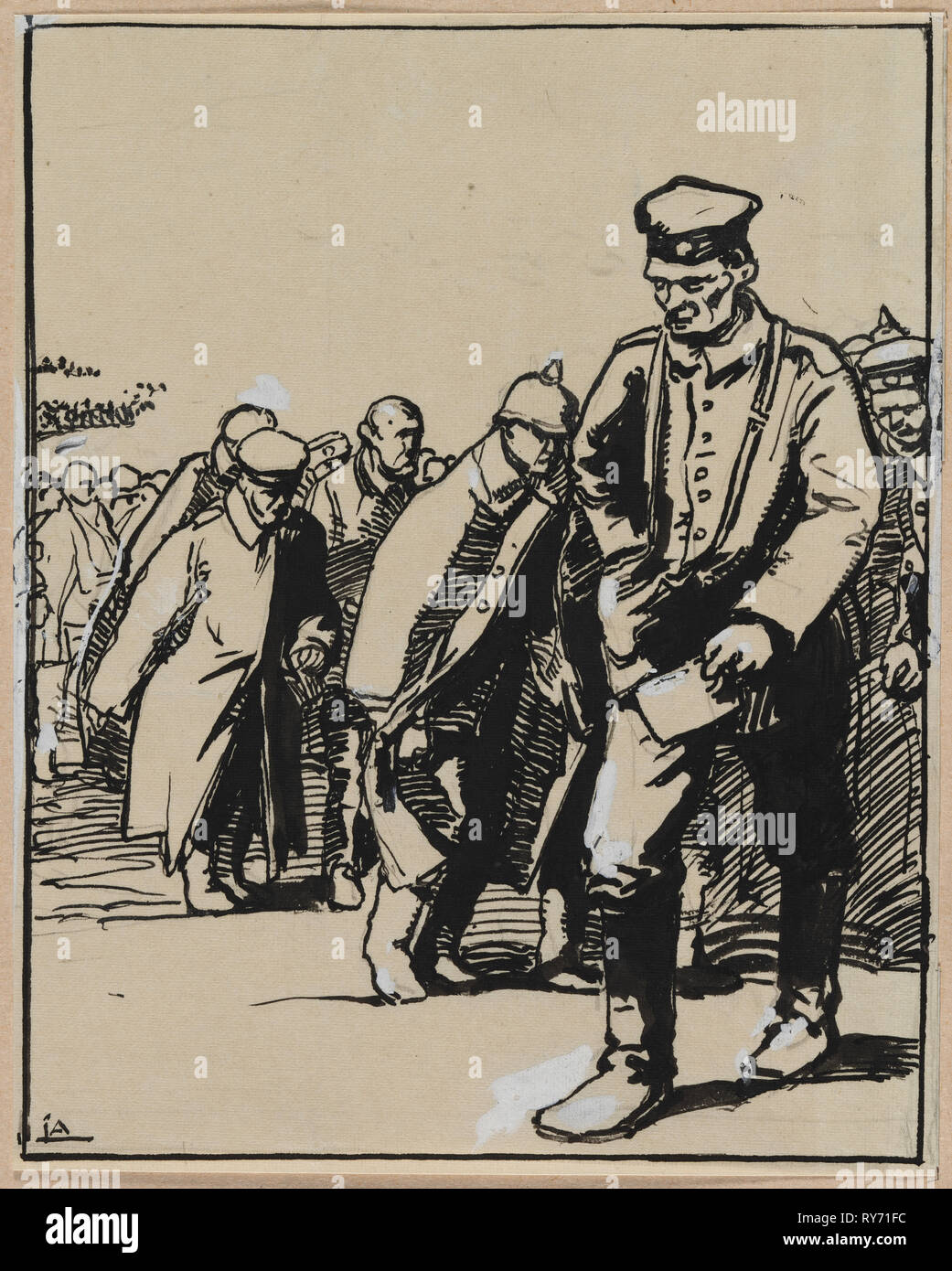 Marche d'un groupe de prisonniers allemands, 1914. Auguste Louis Lepère (Francés, 1849-1918). Pincel y tinta negra en lápiz con blancos fosforescentes Foto de stock
