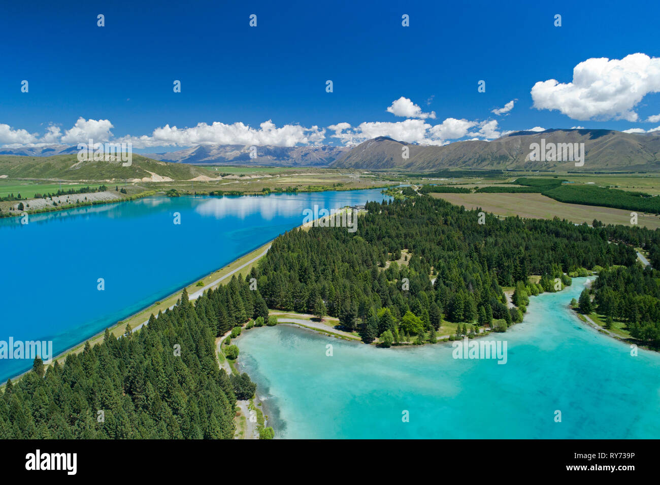 Lago Ruataniwha, Mackenzie País, Isla del Sur, Nueva Zelanda - antena Foto de stock