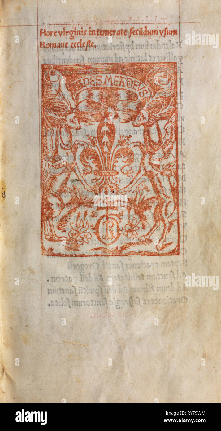 Libro impreso de horas (uso de Roma): Fol. 1r, Impresoras Marca, 1510. Guillaume Le Rouge (francés, París, 1493-1517 activo). 112 folios impresos en pergamino, dependiente Foto de stock