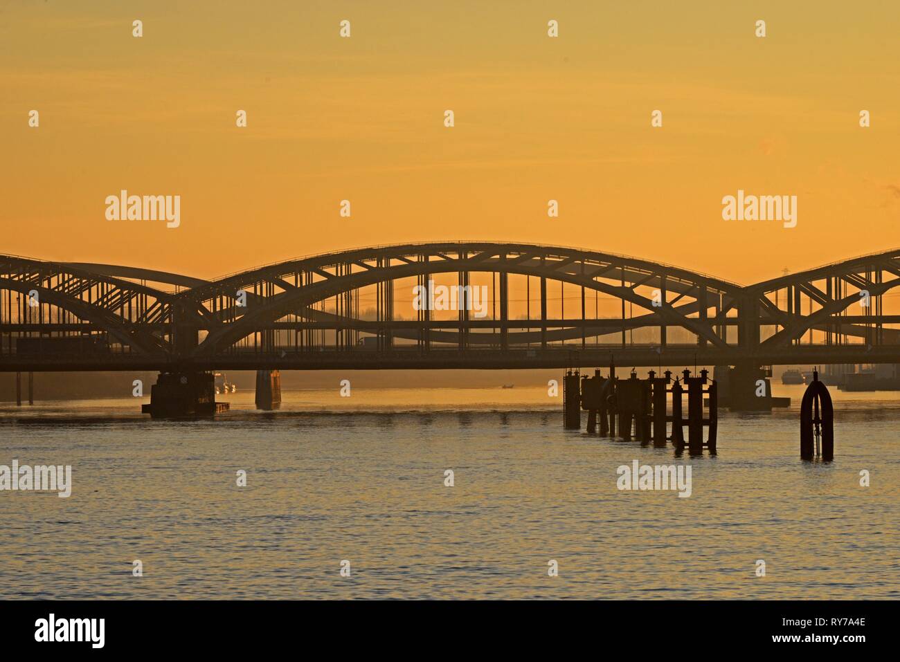 Freeport Elba puente, puente de acero sobre el río Elba al atardecer, Hamburgo, Alemania. Foto de stock