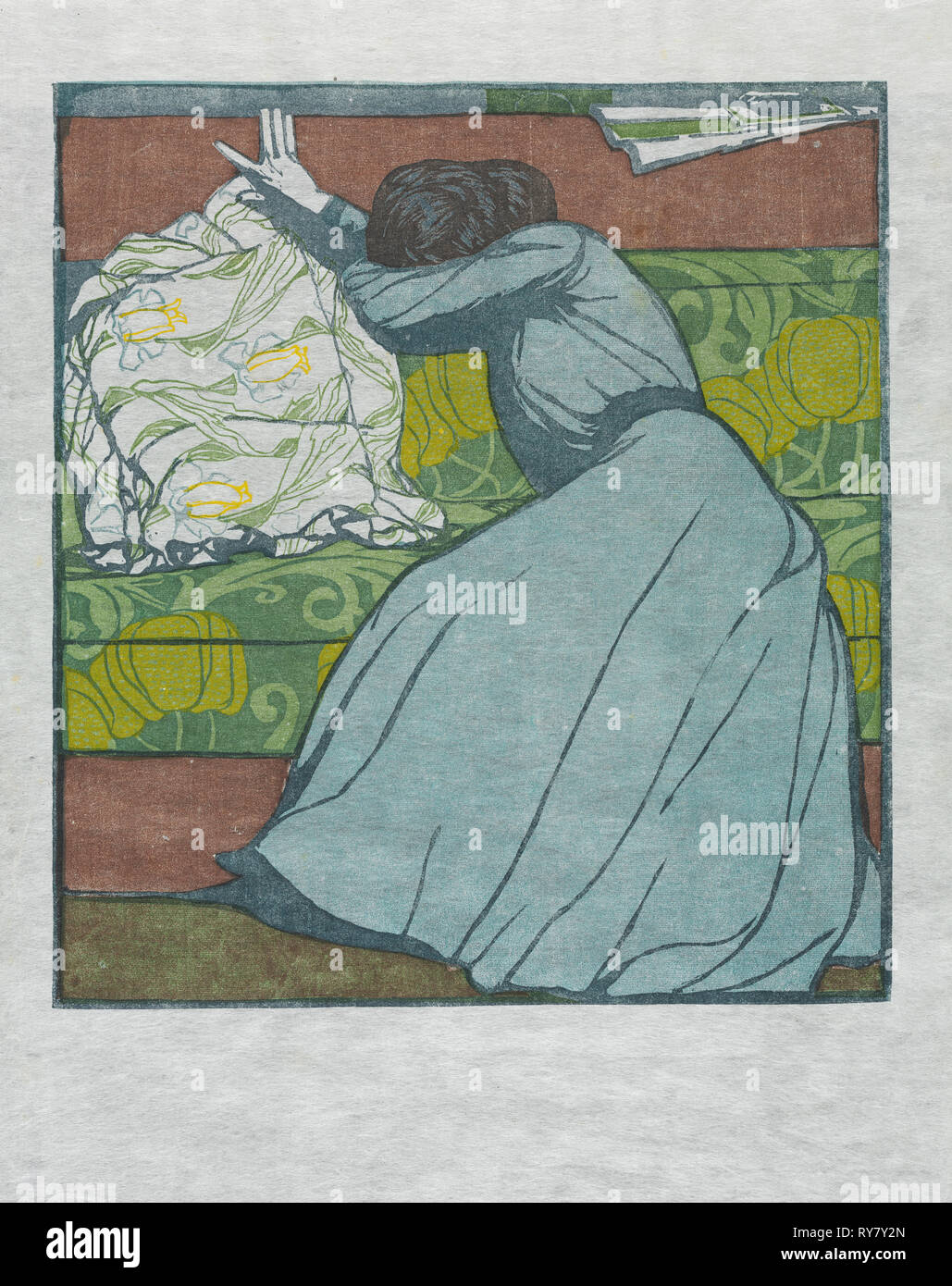 El cojín (Martha Kurzweil sentado en un sofá), 1903. Max Kurzweil (Austria, 1867-1916), Gesellschaft fur Vervielfaltigende Kunst. Xilografía en color; hoja: 42,3 x 30,9 cm (16 5/8 x 12 3/16 pulg.); imagen: 28,5 x 25,9 cm (11 1/4 x 10 3/16 pulg.); apoyo secundario: 55,2 x 44,5 cm (21 3/4 x 17 1/2 pulg. Foto de stock