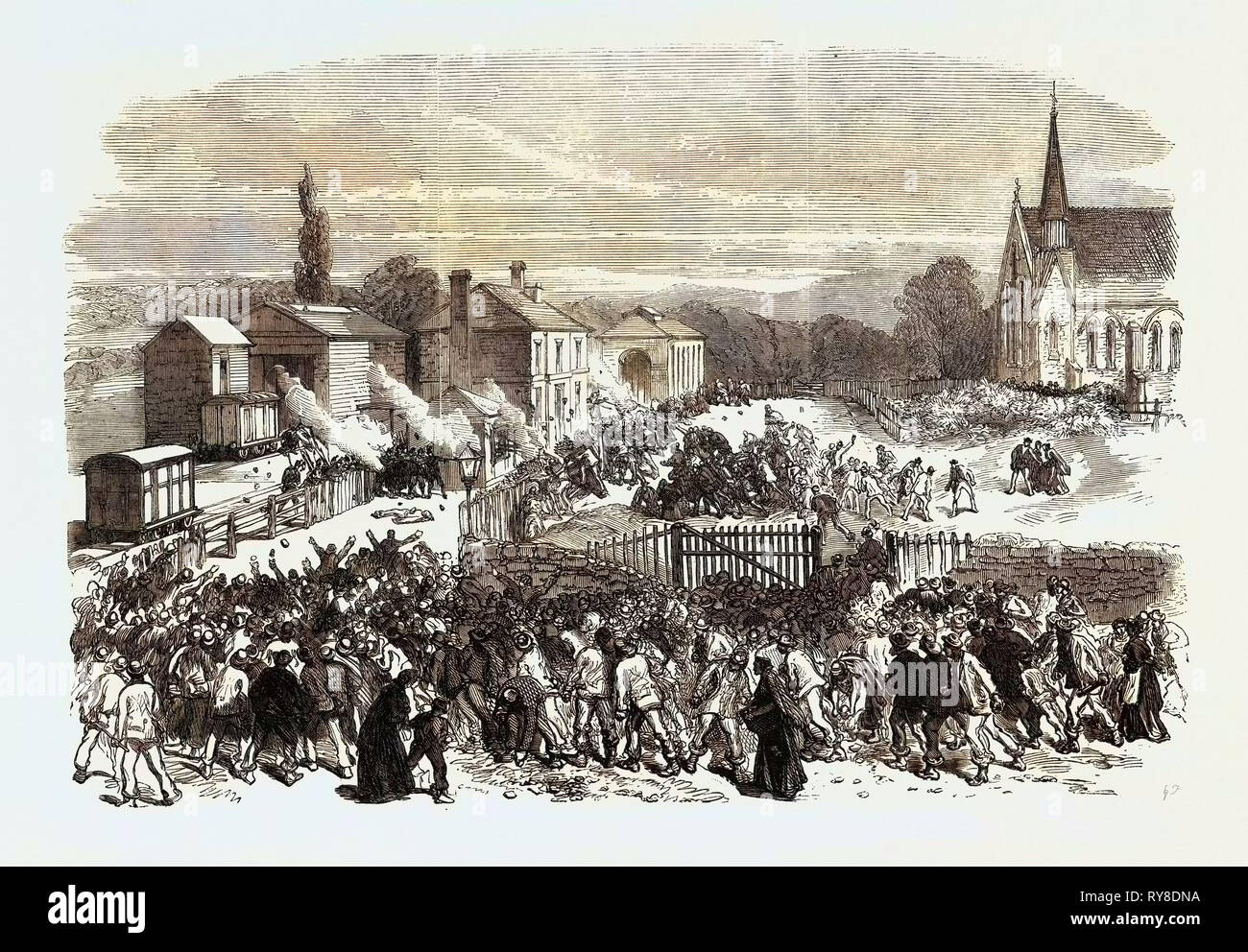 El motín en Flintshire Molde: Ataque a los soldados en la estación de ferrocarril de 1869 Foto de stock
