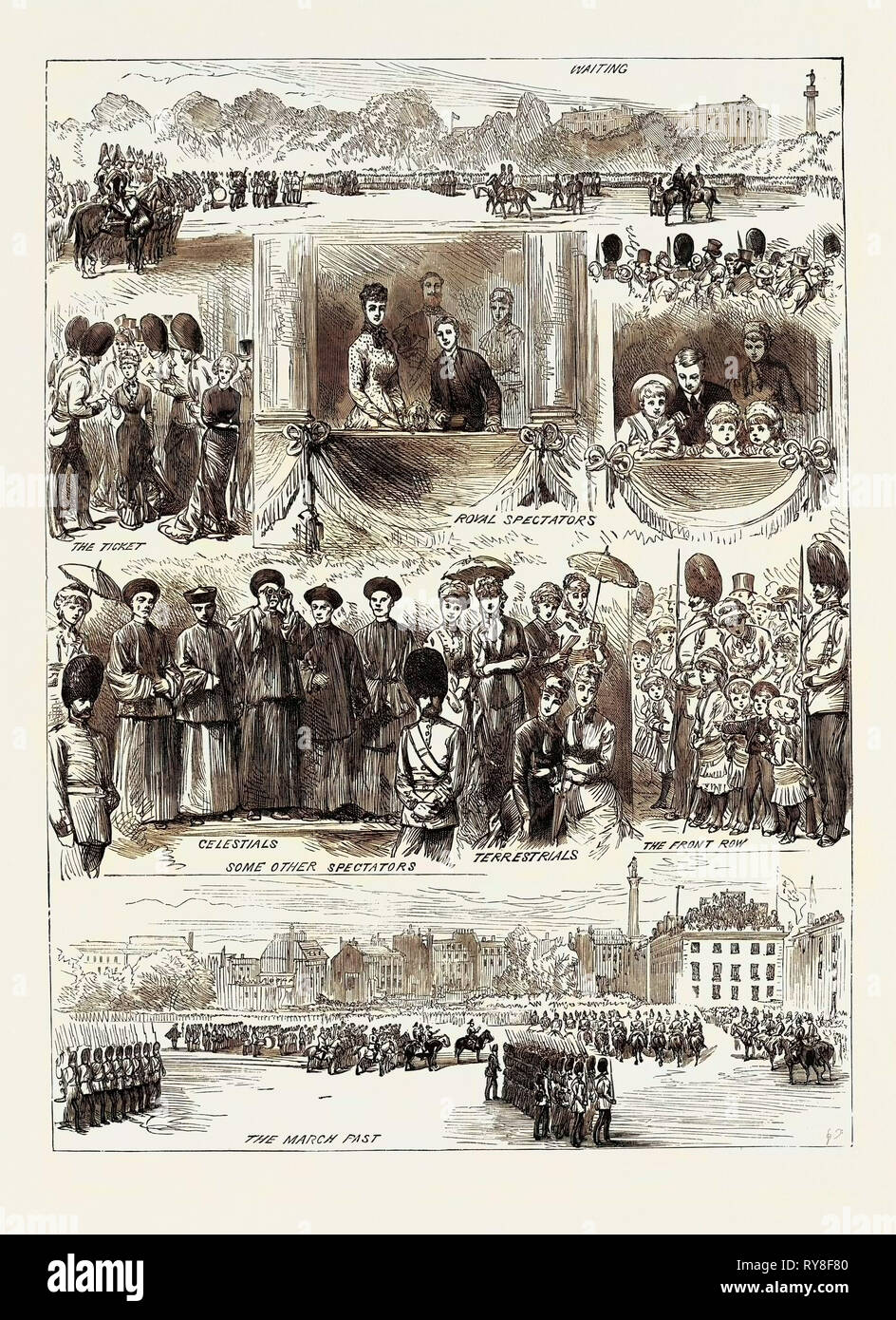 Bocetos en Trooping los colores en el cumpleaños de la Reina 1880 Foto de stock