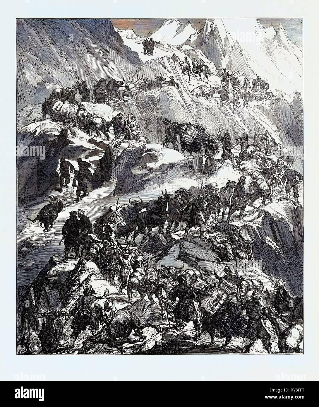 La Misión Yarkund: mulas y Baggage-Train va sobre el sombrío (Sanjoo) pasan 1874 Foto de stock