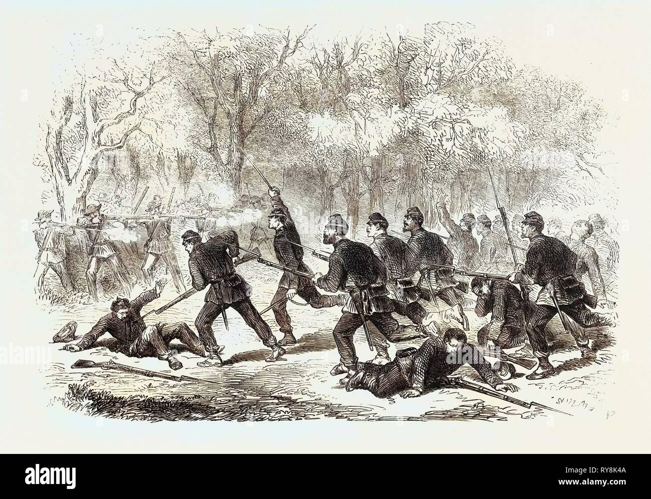 La guerra civil en Estados Unidos: La lucha de Ball's Bluff Potomac superior esfuerzo desesperado por el 15º Regimiento de Massachusetts para borrar el bosque por una carga de bayoneta el 23 de noviembre de 1861 Foto de stock