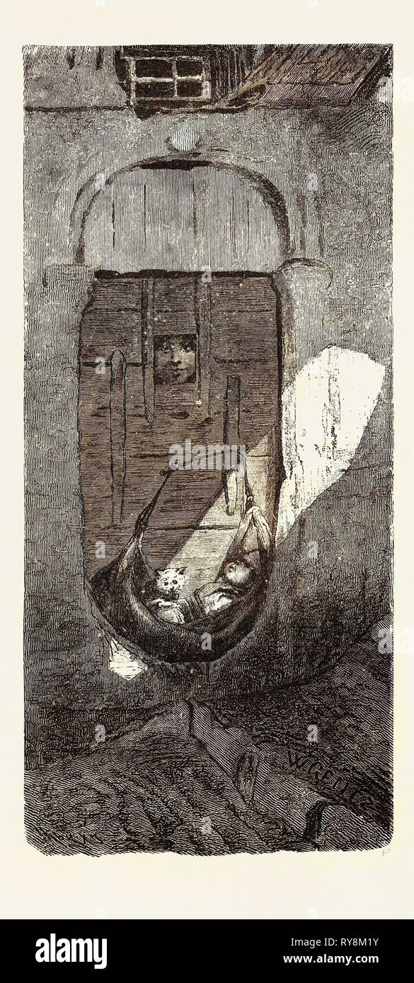 FELLAH bebé y su Observador. Egipto, grabado 1879 Foto de stock