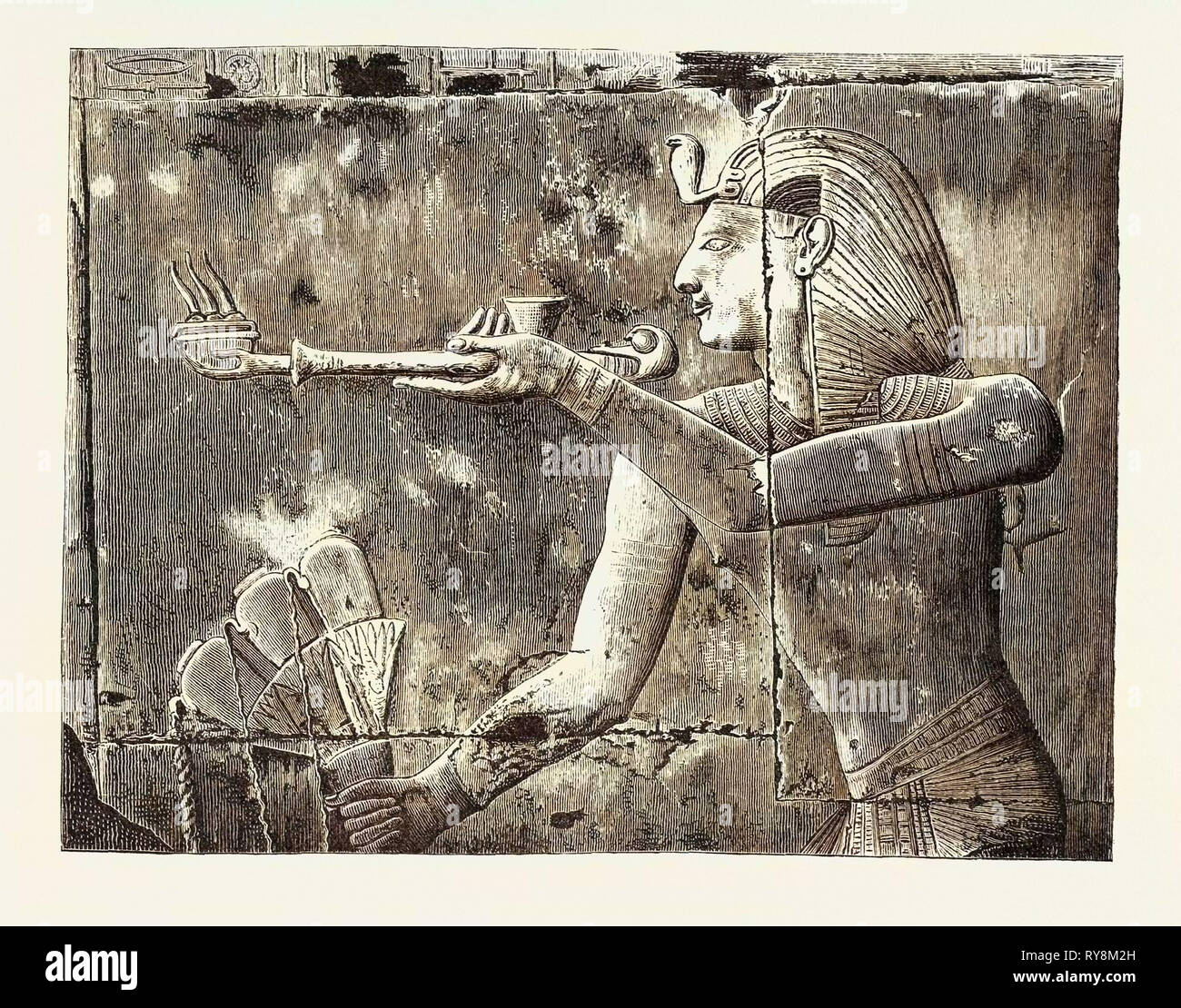 SETI I. La ofrenda de incienso y una libación. Egipto, grabado 1879 Foto de stock