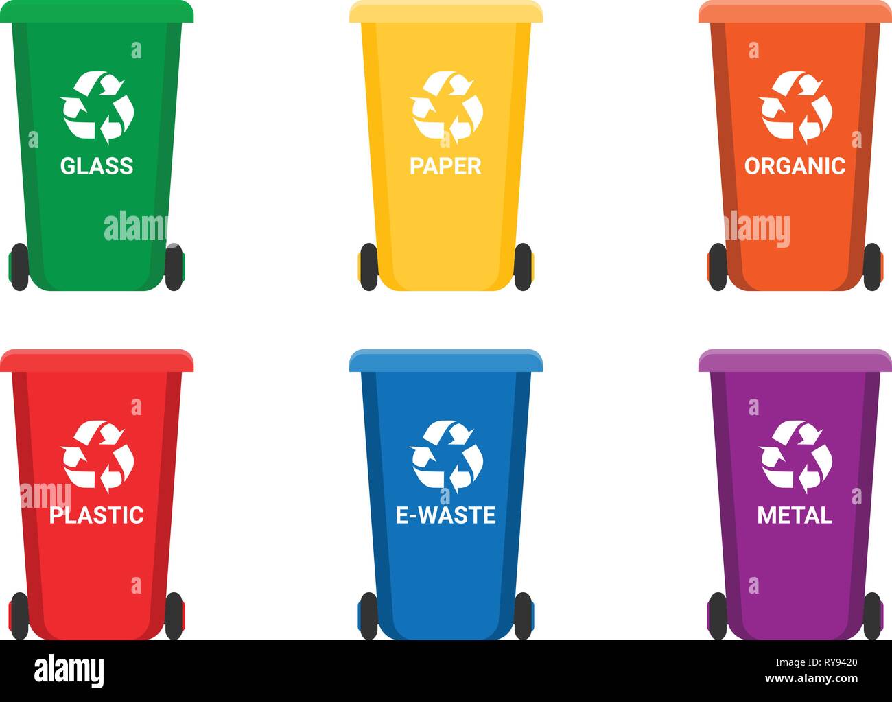 Colorido reciclar basura aislados, vector blanco establecido. contenedores reciclaje - clasificación de desechos de plástico, vidrio, metal, e-residuos orgánicos, papel Imagen Vector de stock - Alamy
