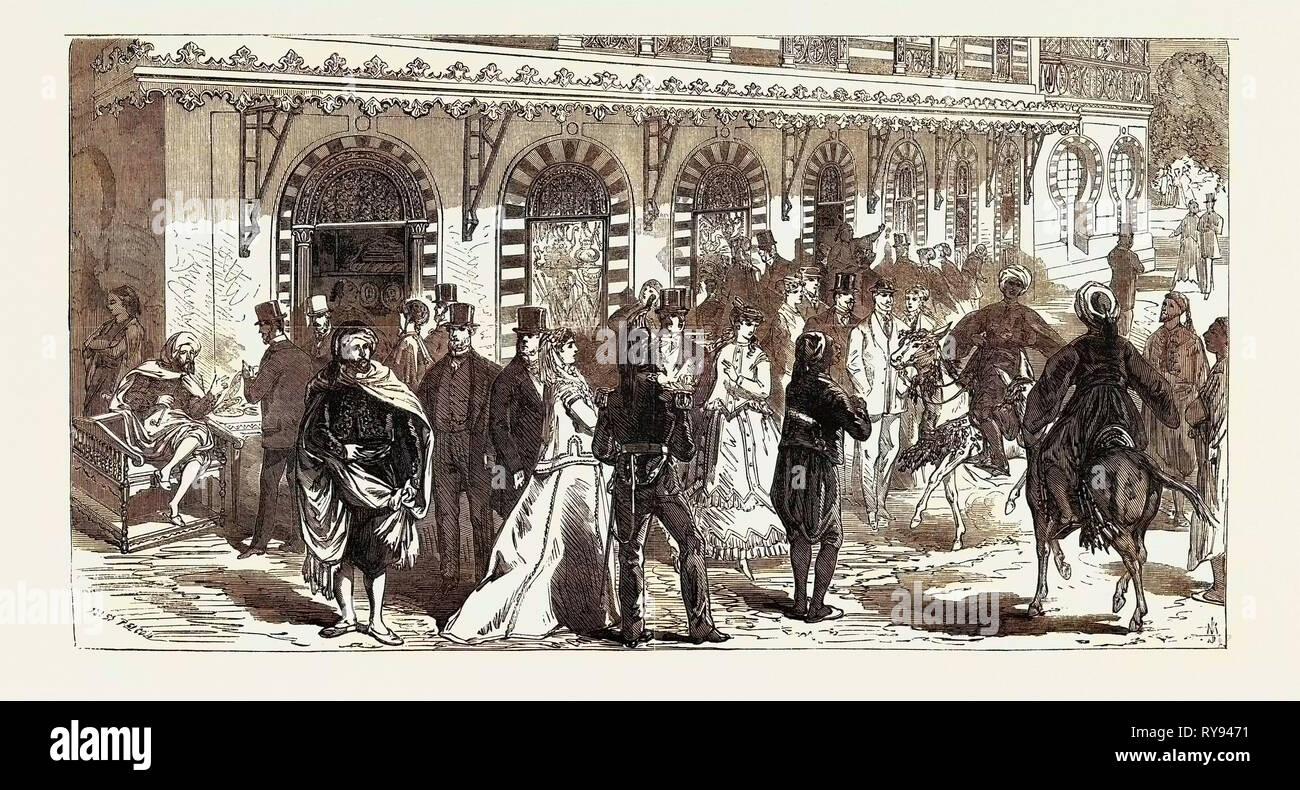 Hilera de tiendas bajo el Palacio del Bey de Túnez 1867 Foto de stock