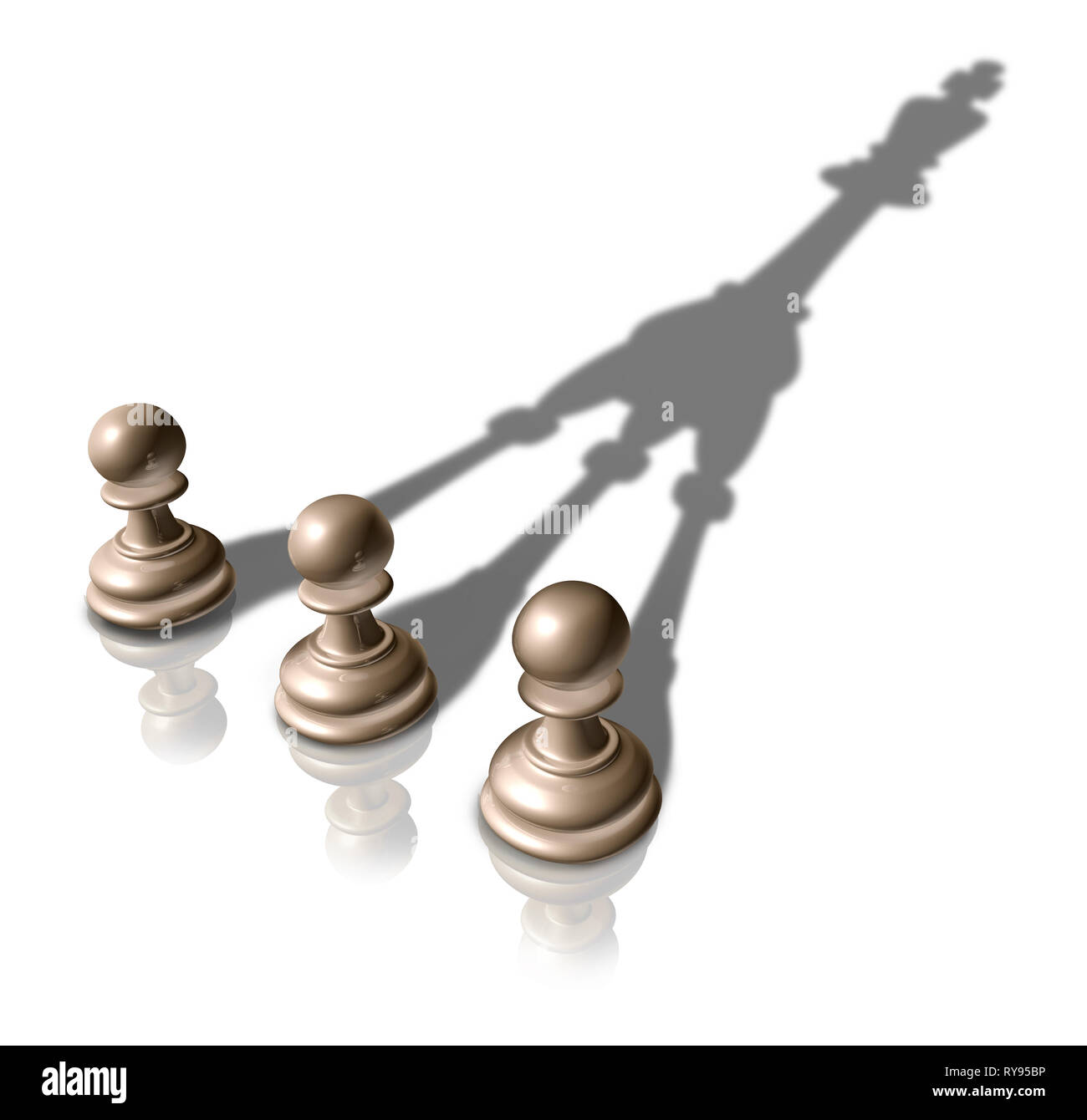 Estrategia de negocios exitosa y uniendo fuerzas juntos por concepto de éxito como un equipo de liderazgo idea como peón de ajedrez tres piezas de fundición de una fusión. Foto de stock