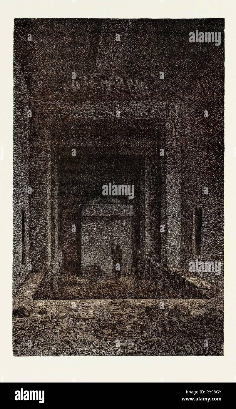 Sarcófago en la tumba de Rameses. Egipto, grabado 1879 Foto de stock