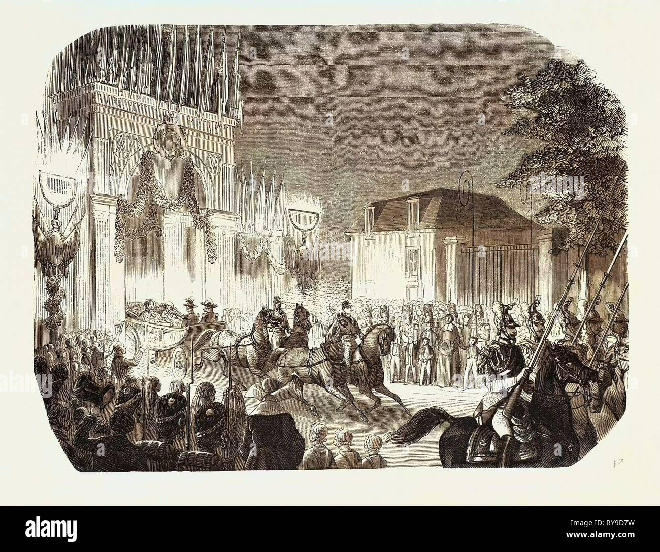 La llegada de la Reina de Inglaterra en el castillo de Saint-Cloud, Francia. La reina Victoria. Grabado 1855 Foto de stock