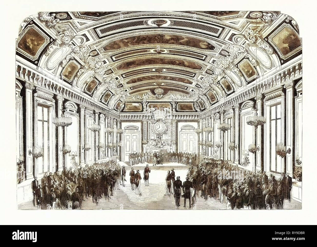 Día dadas por los expositores en el Hotel Du Louvre. La sala de recepción. Francia, 1855. París, Francia, Exposition Universelle. Una exposición internacional realizada en los Campos Elíseos en 1855, que consta de un parque industrial y una exposición de Bellas Artes. Grabado Foto de stock