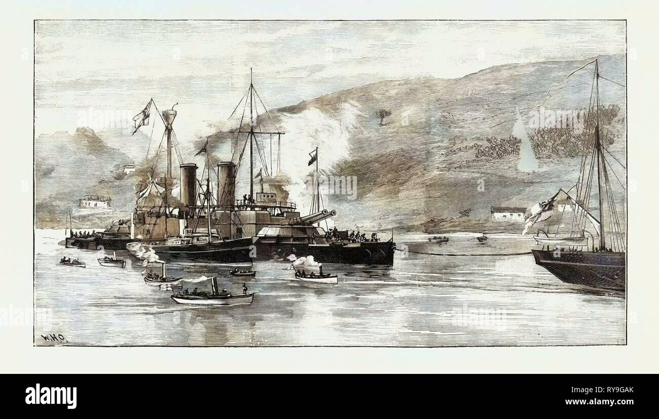 H.M.S. Howe de ser remolcado hasta el puerto de Ferrol, A Coruña, Galicia,  España, 1893 grabado Fotografía de stock - Alamy