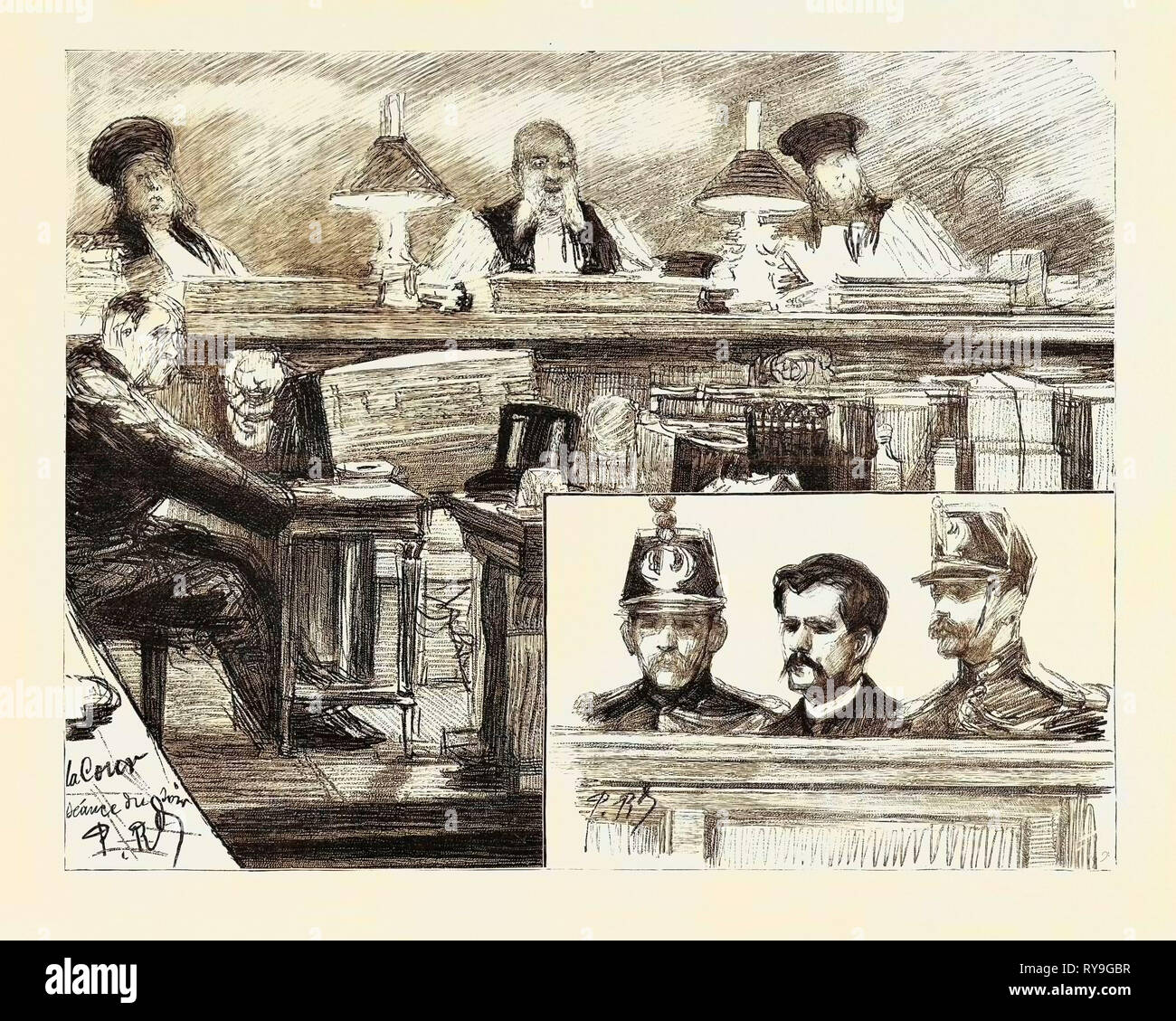 Los anarquistas en París, Francia, el juicio de Ravachol en el Palacio de Justicia: M. Gues, el Juez de la causa, en la banqueta, Ravachol sentado entre dos guardias el juicio de Ravachol y sus cómplices fue prolongado por el gaslight en la noche, y el juez Summing-Up no concluyó hasta pasada la una de la madrugada, grabado en 1892. Foto de stock