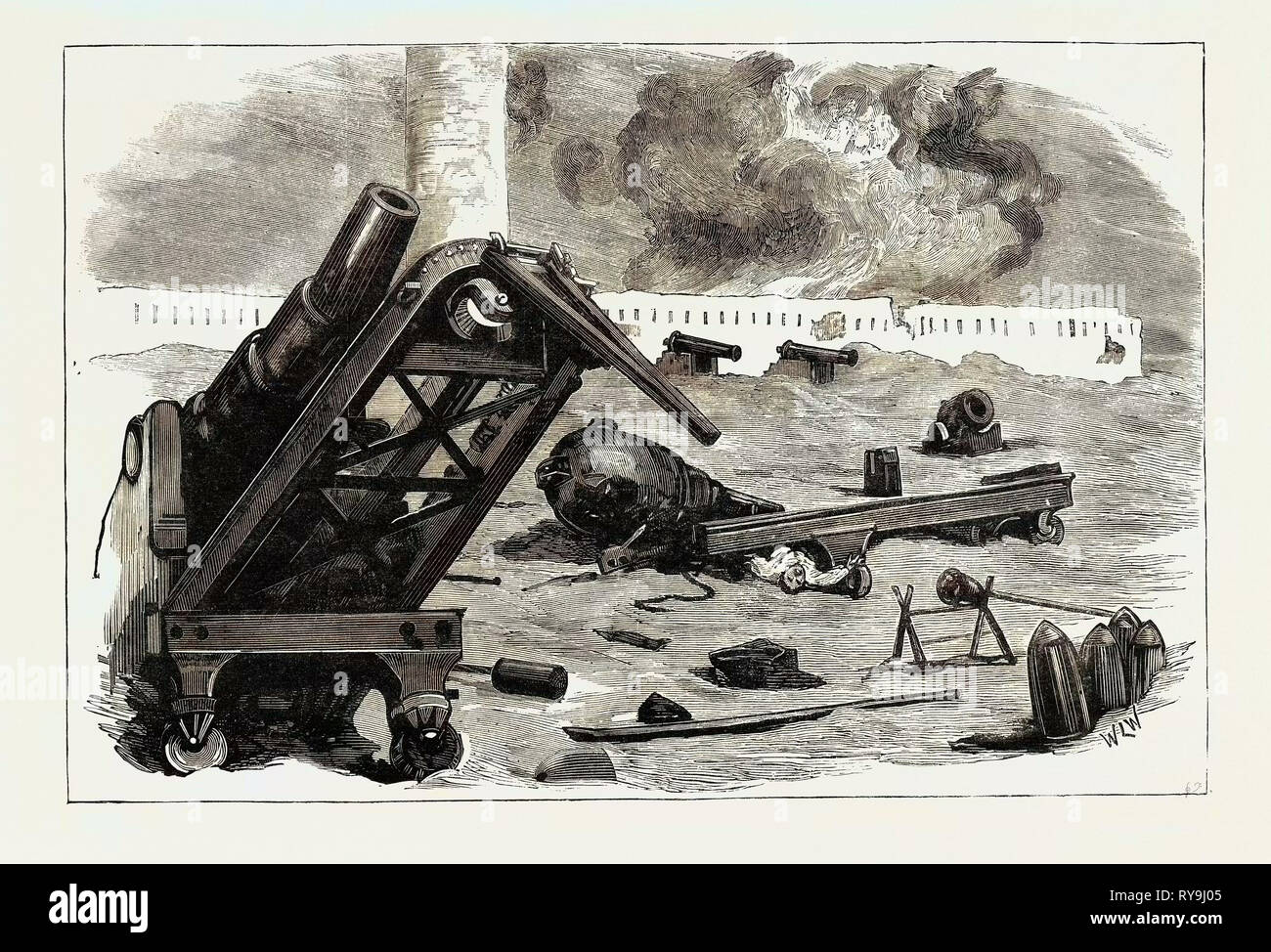 La guerra en Egipto: tras el bombardeo de Alejandría: El efecto de los proyectiles de H.M.S. 'Superb' y 'Inflexible' en los cañones de Fort Pharos Foto de stock