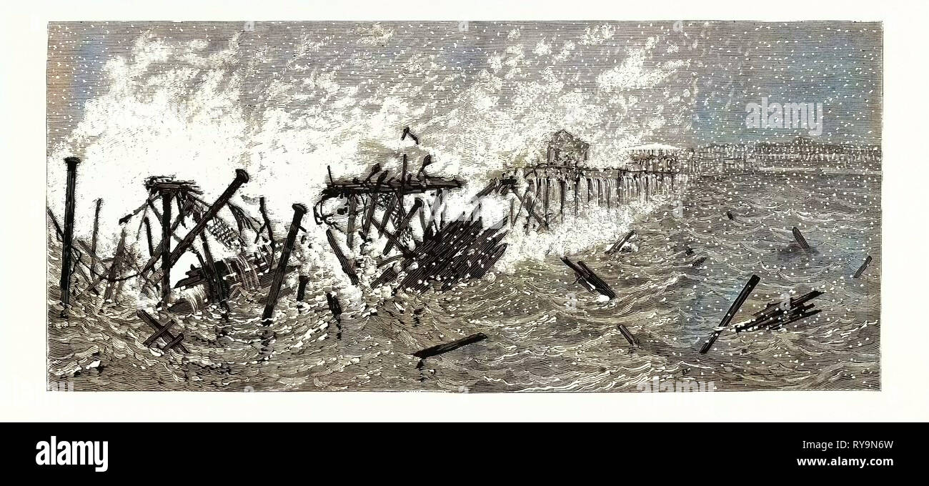 Nueva Jersey: amenaza de destrucción del muelle de hierro en Long Branch, EE.UU., grabado 1880 1881 Foto de stock