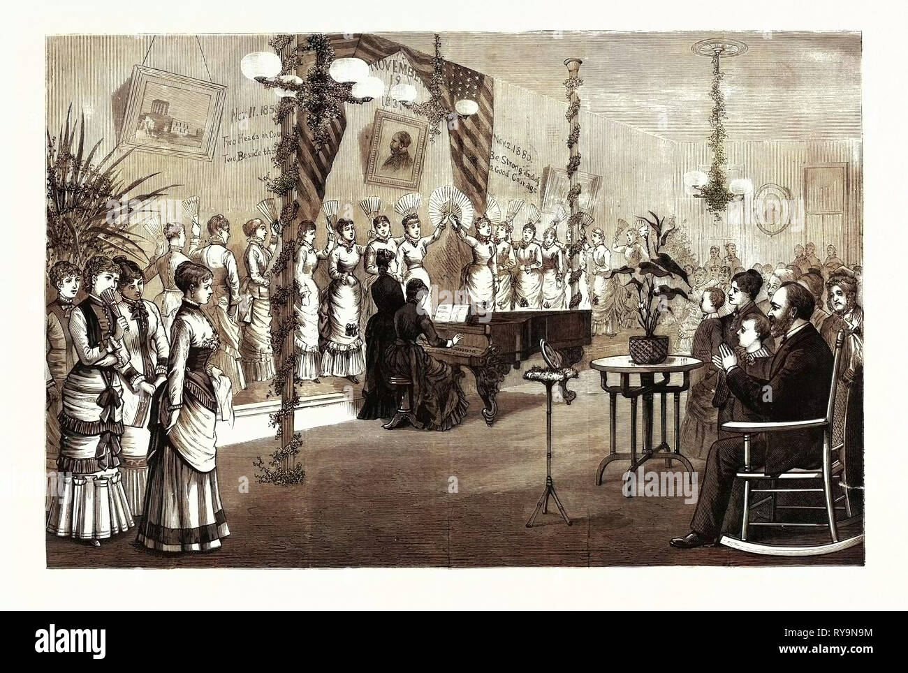 Ohio: Perforación del ventilador de las señoritas del Lago Erie Seminario de Painesville, antes de Garfield, Presidente electo de EE.UU., grabado 1880 1881 Foto de stock