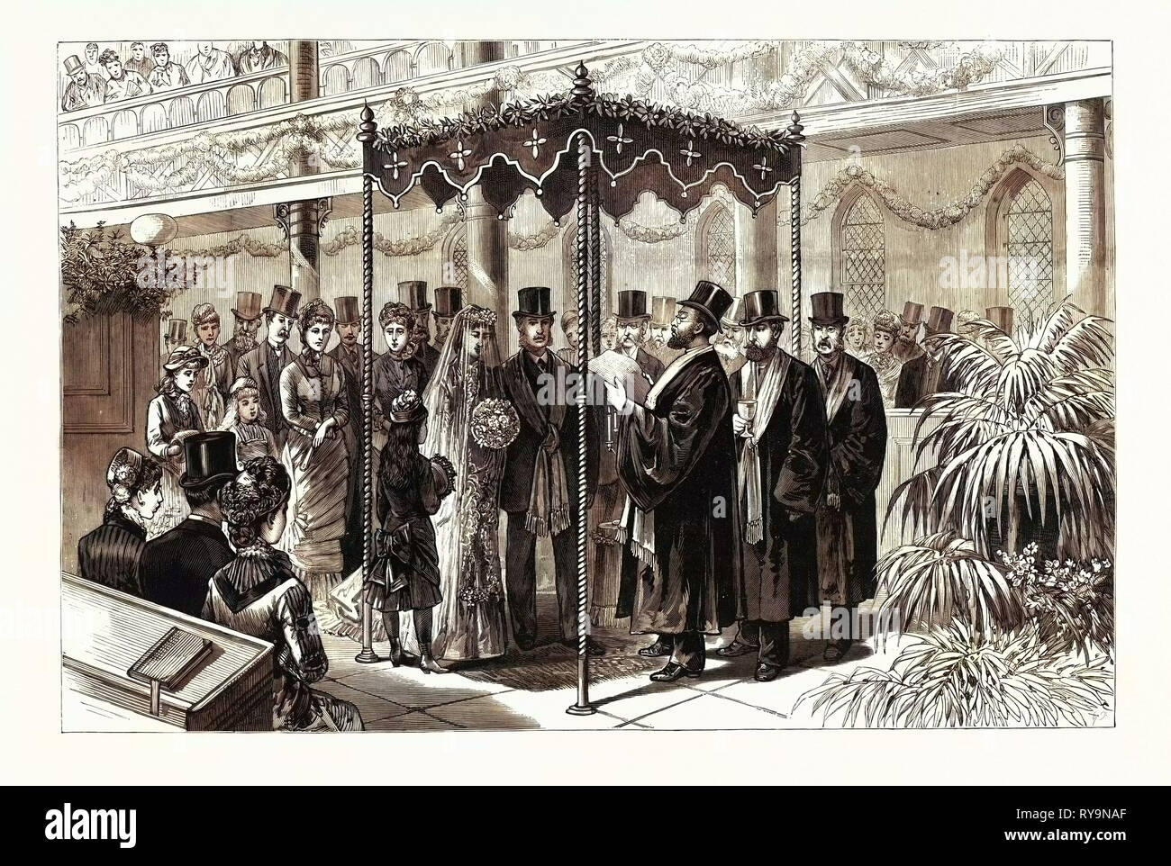 La Rothschild-Perugia boda en Londres, Enero 19th, la ceremonia hebrea bajo el dosel, UK, grabado 1880 1881 Foto de stock