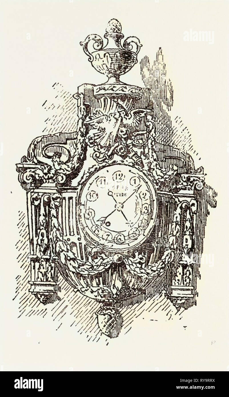 Reloj Ormolu, muebles, grabado 1882 Foto de stock