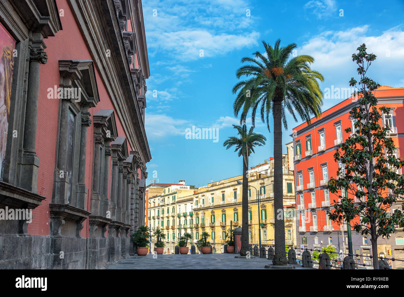 Colorida y hermosa arquitectura con palmeras en frente del Museo Arqueológico Nacional en Nápoles, Italia Foto de stock