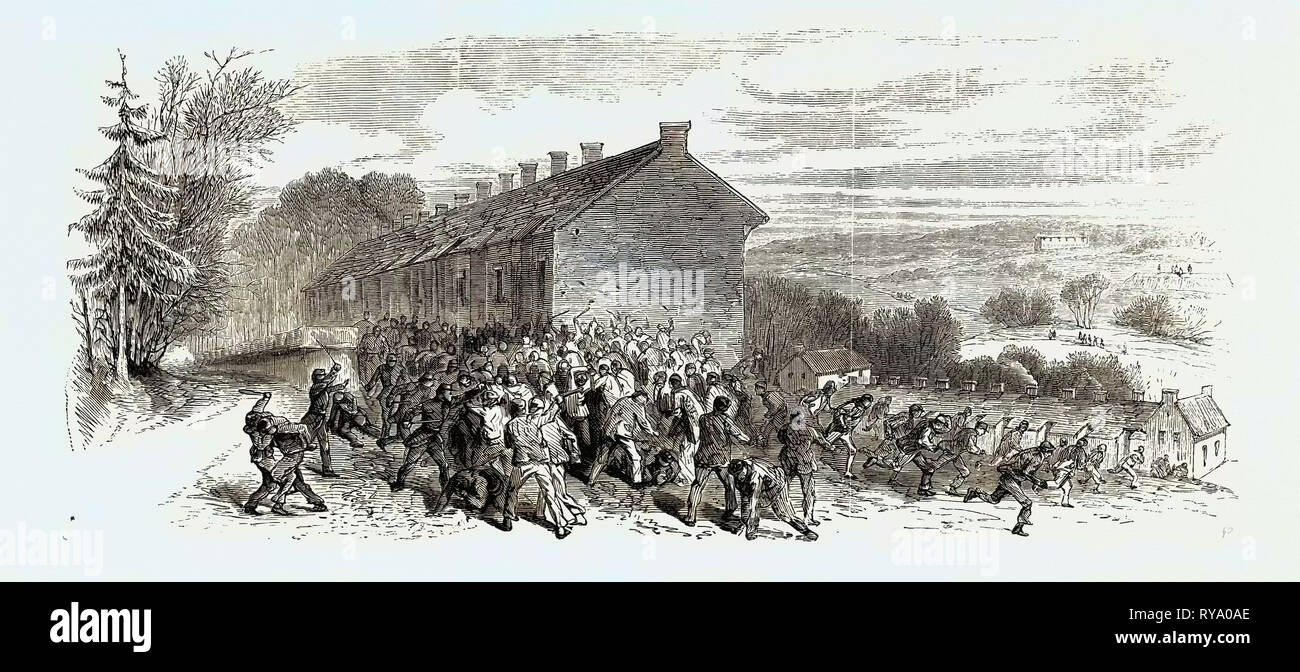 Los disturbios cerca de Sheffield: carga policial de la mafia, 1870, REINO UNIDO Foto de stock