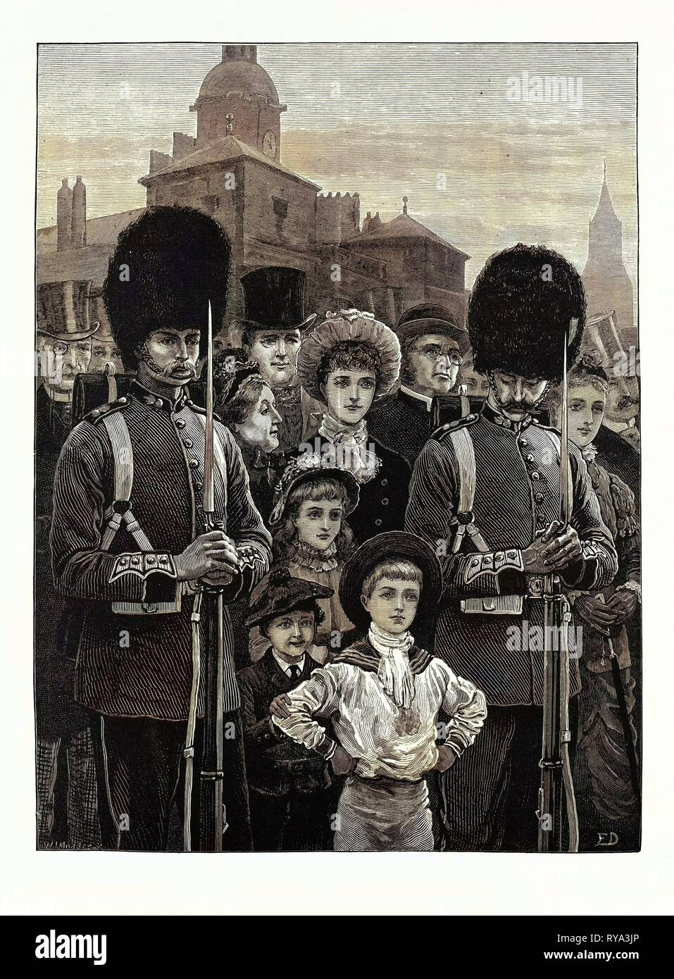 El cumpleaños de la reina: Un bosquejo en el Desfile de los guardias a caballo, Reino Unido, 1883 Foto de stock