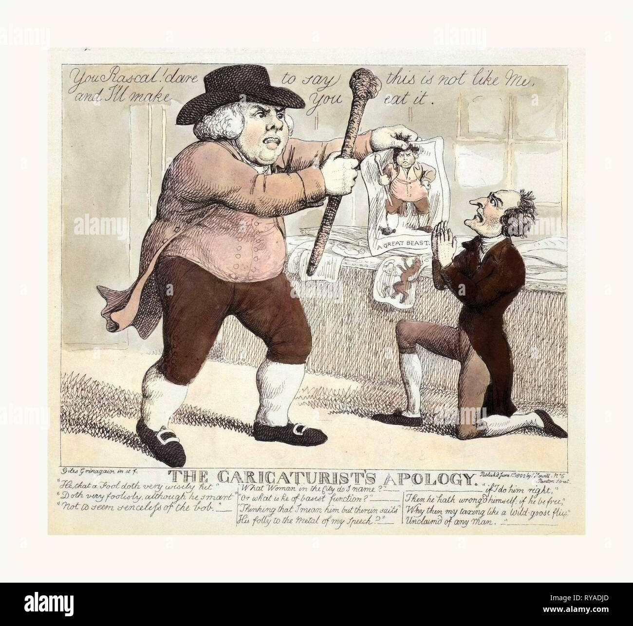 El caricaturista de la disculpa, Grinagain, Giles, Pseud., Artista, Londres, 1802, un gran hombre con un club y la caricatura de sí mismo, amenaza a un caricaturista de rodillas Foto de stock