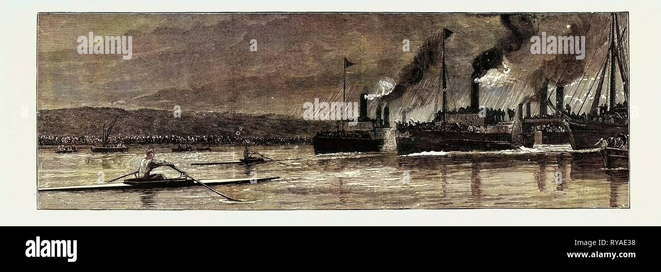 Sculling coinciden en el río Parramatta, Sydney, entre Clifford y Hanlan, 7 de febrero de 1885 Foto de stock