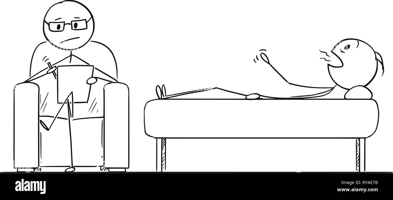 Caricatura de la paciente y el médico durante el examen psicológico o psiquiátrico Ilustración del Vector