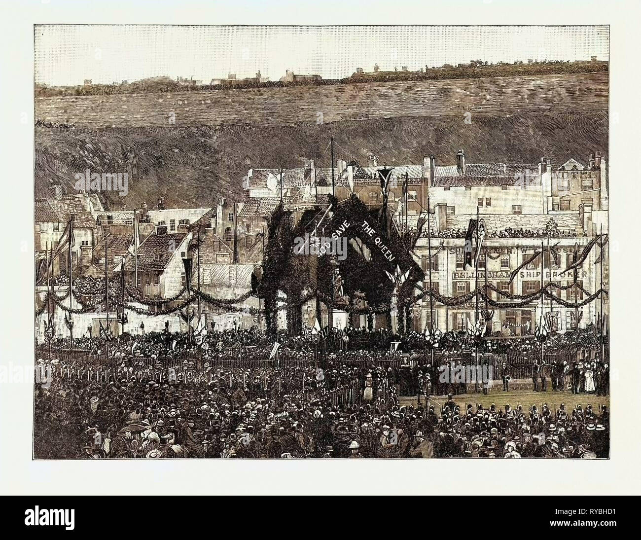 Develando la estatua de la Reina Victoria en Jersey: la ceremonia, 1890 grabado Foto de stock