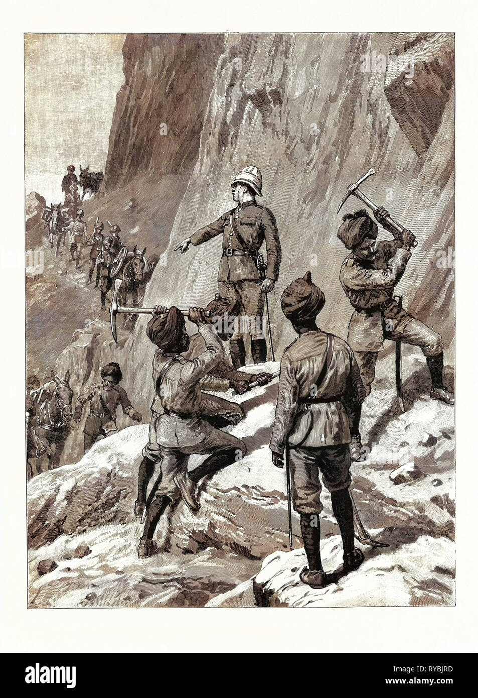 Los combates cerca de Gilgit en la frontera noroccidental de la India: la fuerza en su camino hacia el frente, la batería de montaña marchando a ocupar su posición en la colina, encima Gakuch Foto de stock