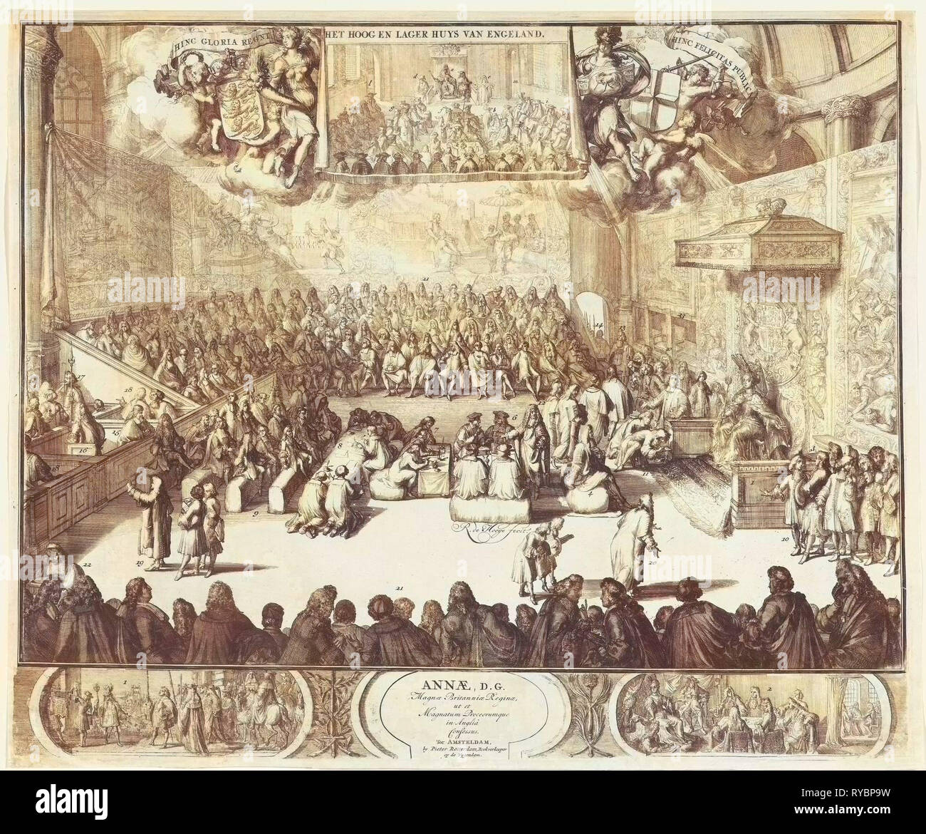 Período de sesiones de la Cámara de los Comunes con la reina Ana en el trono en 1702, Romeyn de Hooghe, 1702 Foto de stock