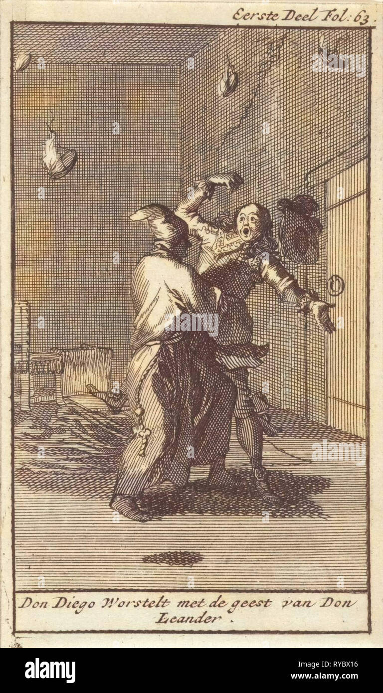 Don Diego luchas con el espíritu de Don Leandro, Caspar, Jan Luyken Claesz diez Hoorn, 1699 Foto de stock