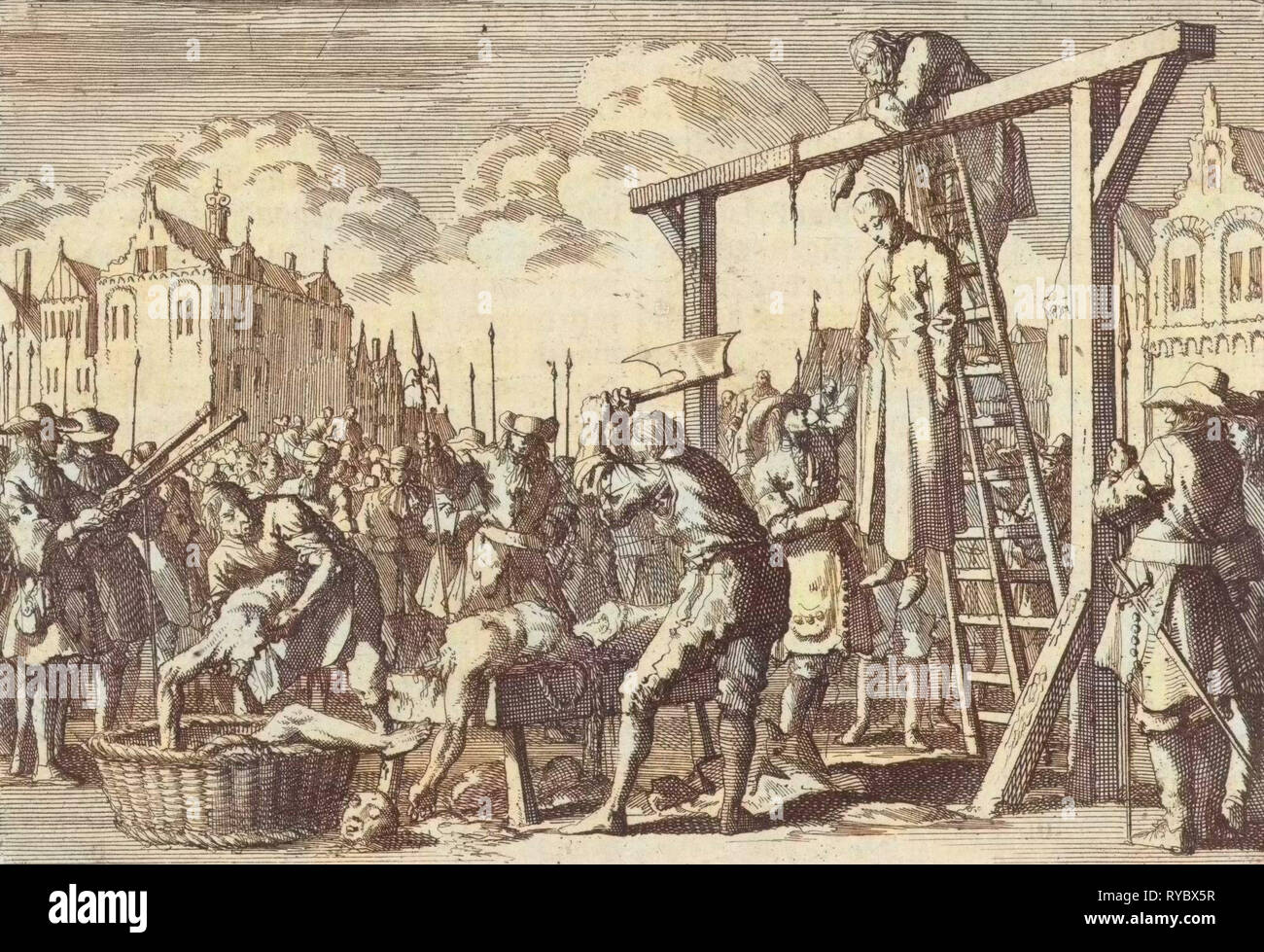 En Londres, el jesuita Guillermo Irlanda está colgado y John Grove está acantonado para un propuesto regicide, 1679, Jan Luyken, Pieter van der Aa (I), 1698 Foto de stock