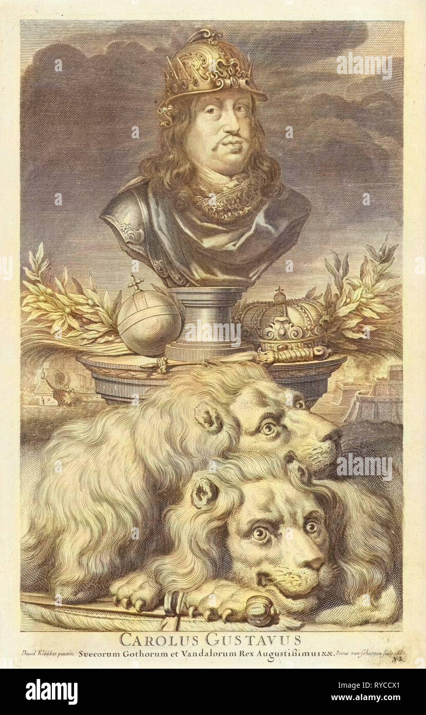 Retrato de Carlos XI, Rey de Suecia, impresión de folletos: Pieter van Schuppen, David Ehrenstrahl, 1668 Foto de stock