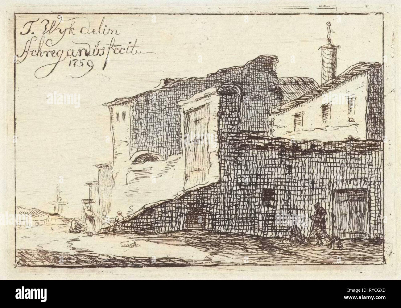 Vista de una ciudad o aldea italiana, impresión de folletos: Adriaan Schregardus, T. Wijk J. ?, 1750 - 1812 Foto de stock