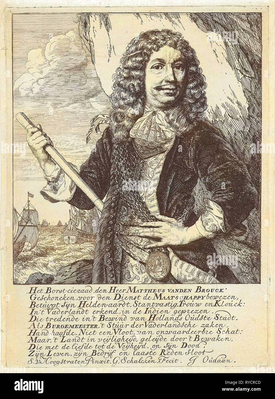 Retrato del alcalde de Dordrecht y Almirante Mattheus van den Broucke pecho con una joya y un bastón de mando, detrás de él, una pared de roca y un mar picado con una flota, impresión de folletos: Godfried Schalcken (mencionado en la película), que datan de 1660 - 1680 Foto de stock