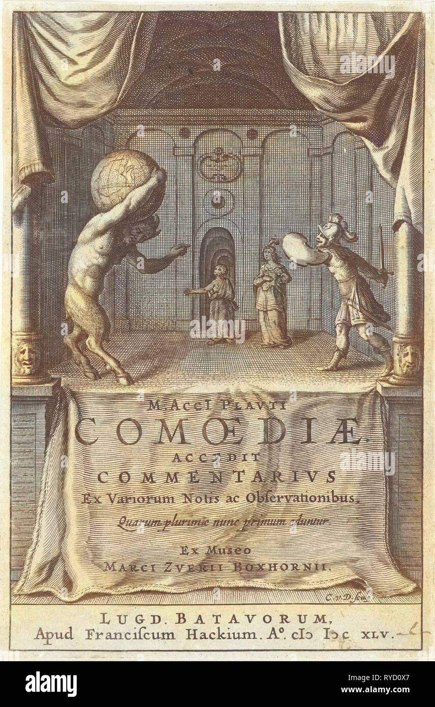 Scenic con sátiro que globo terráqueo sobre los hombros y el soldado que amenaza percibidos espada, Cornelis van Dalen (I), FRANCISCUS Hackius, 1645 Foto de stock