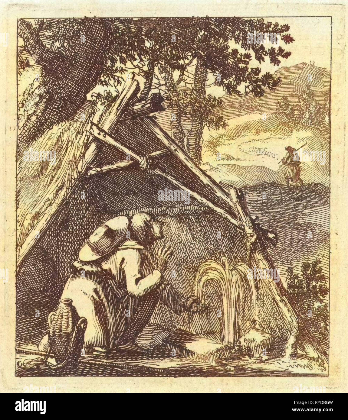 Junto a un viajero bien antes de una choza de paja, impresión de folletos: Jan Luyken, Mié. Pieter Arentsz II, 1689 Foto de stock