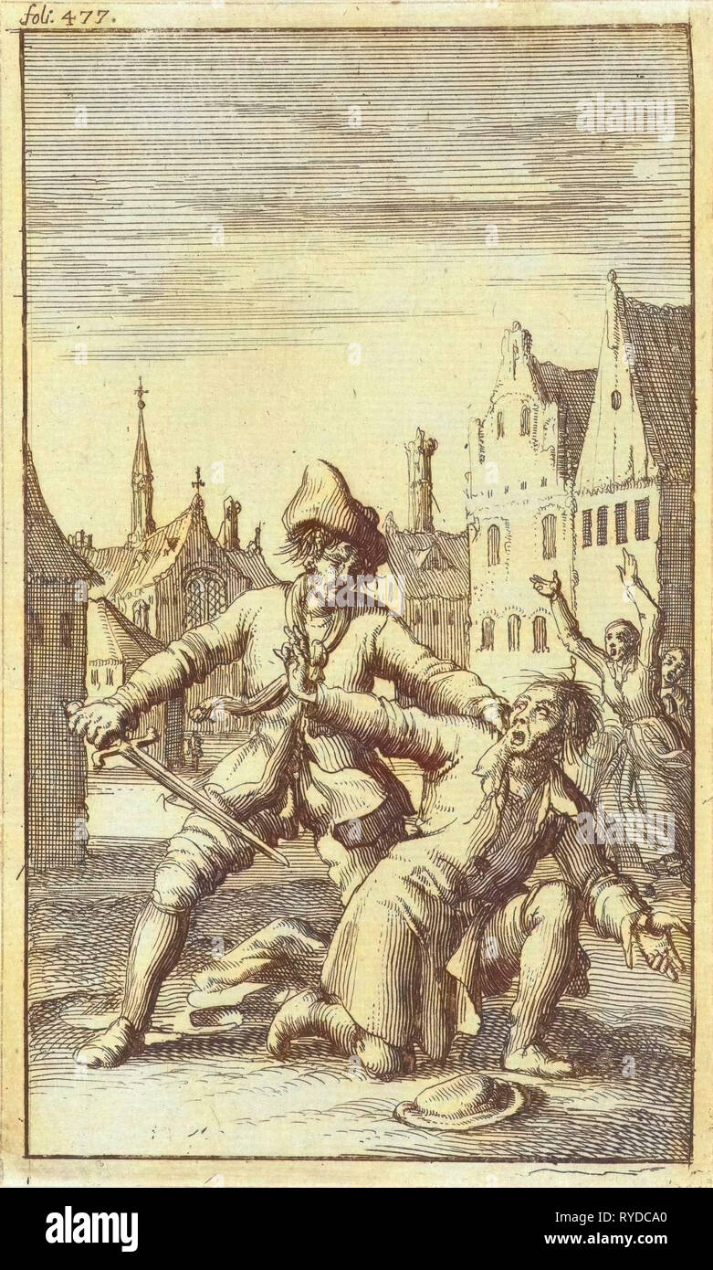 Hombre desarmado está amenazado en la calle por un hombre con una espada, Jan Luyken, Jan Bouman, 1685 Foto de stock