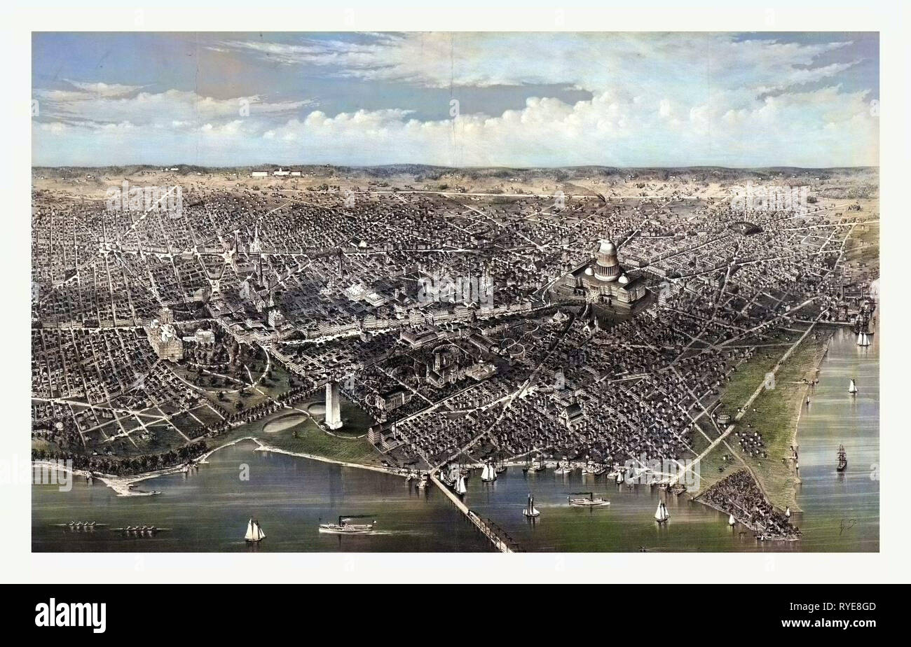 La ciudad de Washington Vista aerea desde el Potomac, mirando al norte, circa 1880, EE.UU., EE.UU., América Foto de stock