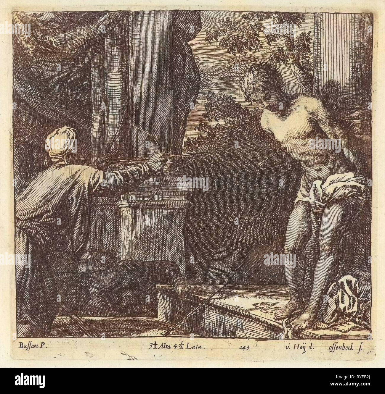 Martirio de San Sebastián, impresión de folletos: Jan van Ossenbeeck, Nikolaas van hoy, Jacopo Bassano, en o después de 1660 Foto de stock