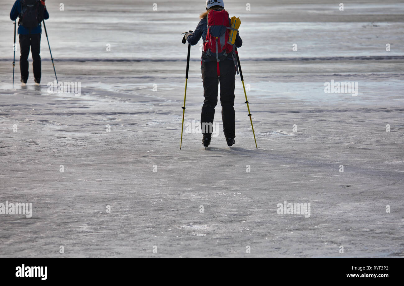 Los patinadores sobre hielo de larga distancia con polos de hielo sobre el lago Malaren, Sigtuna, Suecia, Escandinavia Foto de stock
