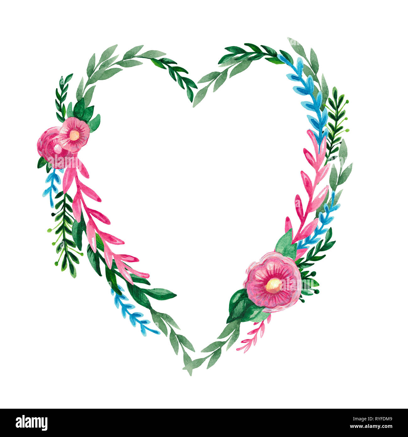 Acuarela ilustración de un bastidor en forma de corazón de ramas y flores. Las plantas, verde, azul, rojo Foto de stock