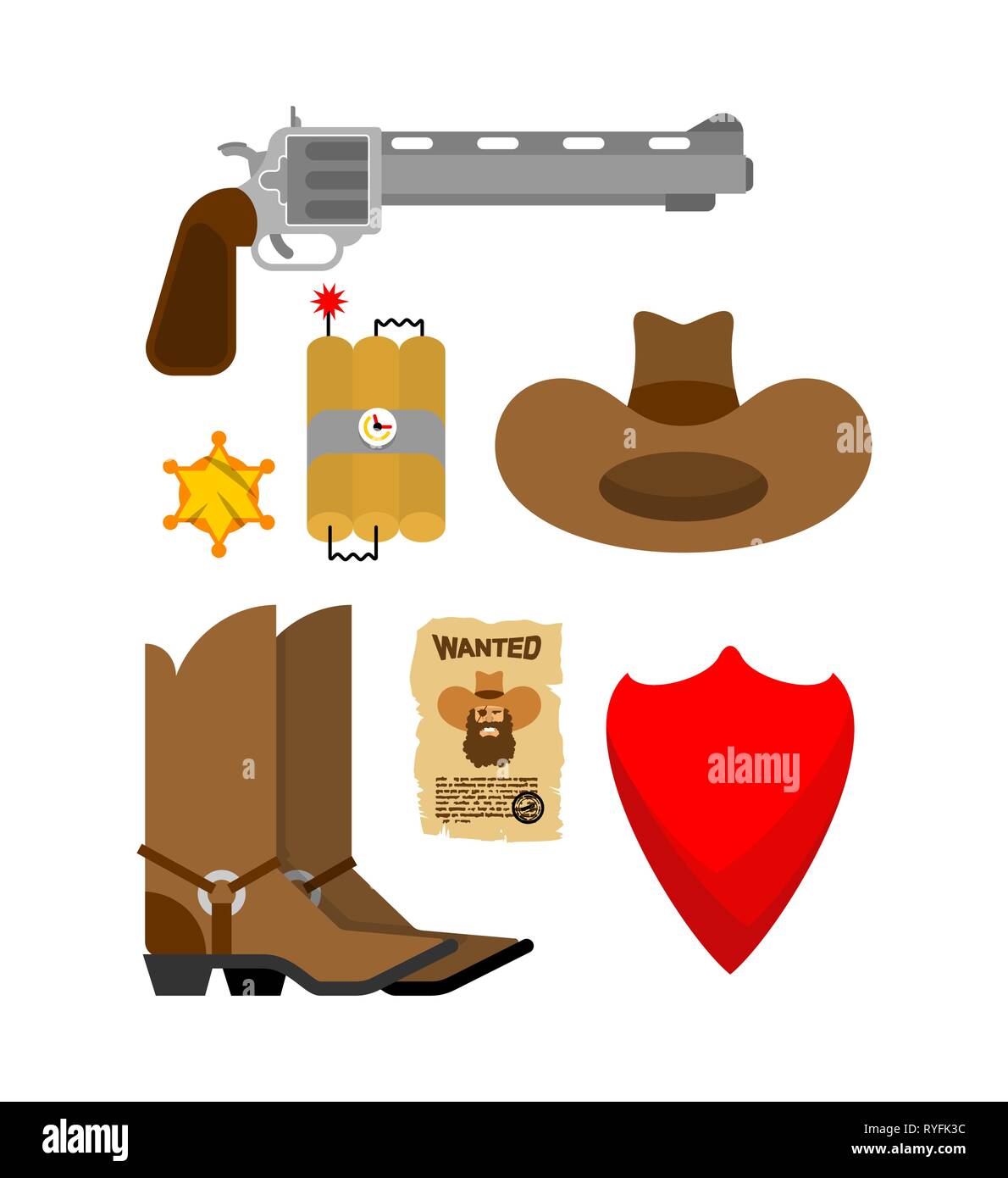 Set de accesorios vaqueros. sombrero y botas. Western icono. Wild West  zapatos y pañuelo. Pistola y Estrella de Sheriff Imagen Vector de stock -  Alamy