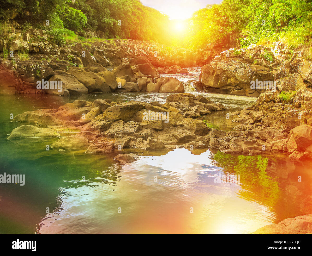 Hermosa arcoiris en el Parque Nacional Black River Gorges, el bosque protegido más grande de Mauricio, el Océano Índico, África. El paisaje se refleja en Foto de stock