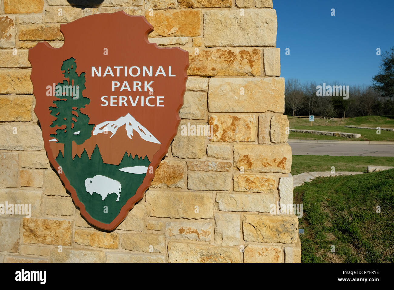 Cerca del National Park Service firmar en Waco, Texas, USA. Foto de stock